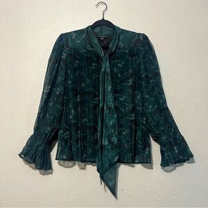 Calligraphie Top Women Green Pleated Sheer Long Sleeve Lined Blouse‎ Size M